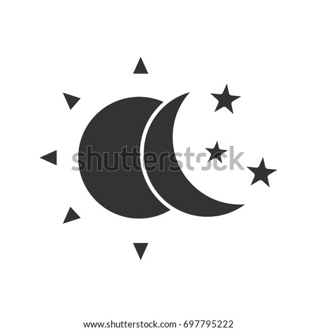 Sun and moon with stars glyph icon. Silhouette symbol. Day and night. Negative space. Vector isolated illustration
