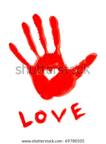 drawing handprint with love symbol and ''love'' word