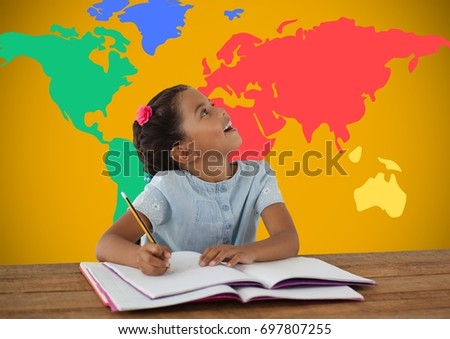 Digital composite of Schoolgirl writing at desk in front of colorful world map