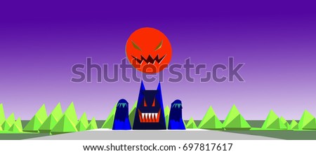 wolf orange pumpkin mascot in halloween festival and green mountain background