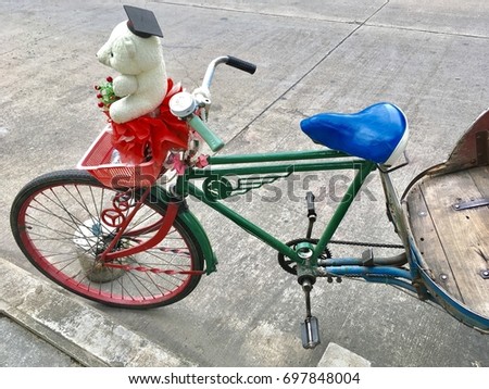 Three-wheeled bicycle with teddy bear