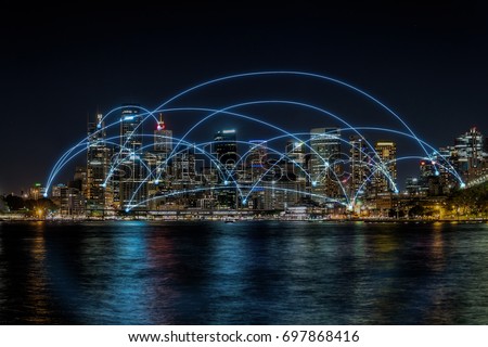 network and connection technology concept in vivid futuristic city, modern cityscape connect to global communication and worldwide business module