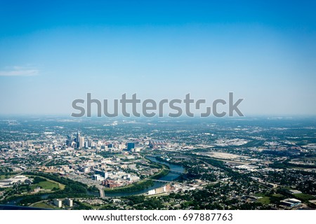 Aerial view of Indianapolis, IN skyline and river