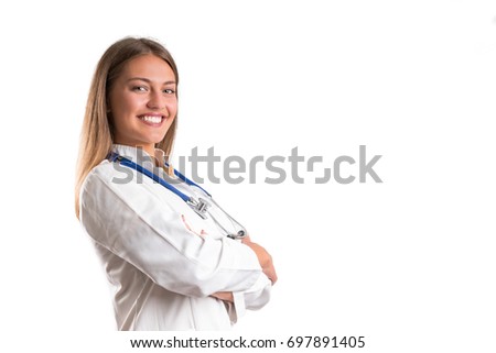 Smiling medical doctor woman with stethoscope. Isolated over white background.