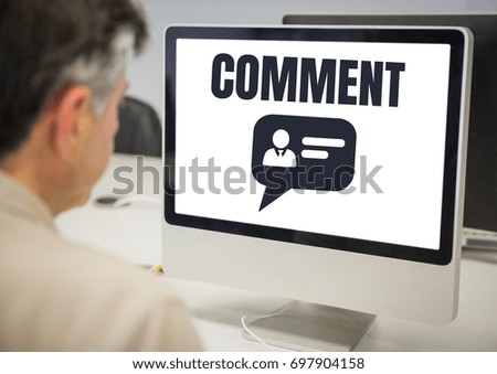 Digital composite of Comment text and chat profile graphic on computer screen with man