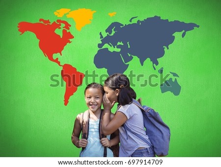 Digital composite of Schoolgirls whispering in front of colorful world map
