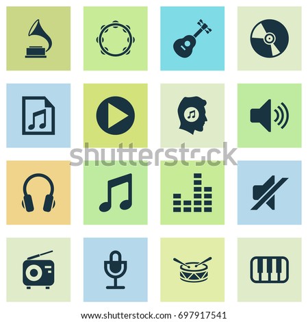 Audio Icons Set. Collection Of Tuner, Phonograph, Timbrel And Other Elements. Also Includes Symbols Such As Mixer, Volume, Guitar.