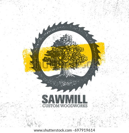 Sawmill Reclaimed Wood Artisan Carpentry Creative Rough Design Element On Grunge Background. Old Oak Tree Vintage Illustration.