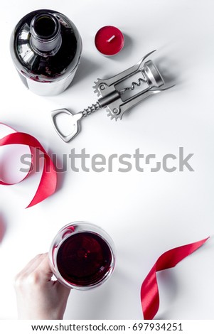concept Valentine Day with wine at white background top view