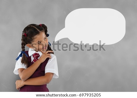 Digital composite of Couple with speech bubble thinking against grey background
