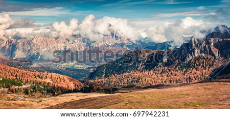 Splendid morning panorama from the top of Giau pass. Colorful autumn view of Dolomite Alps, Cortina d'Ampezzo location, Italy, Europe. Beauty of nature concept background.
