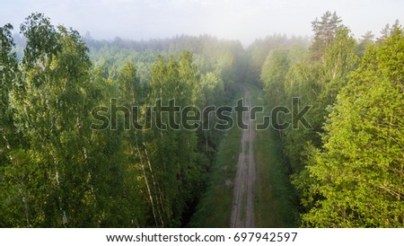 drone image. aerial view of morning mist over green forest in summer with sunrise and rays of light - panoramic image
