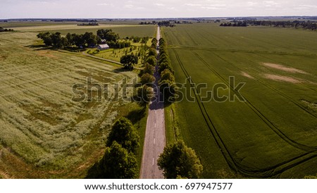 drone image. aerial view of rural area with green fields and forests in sunny summer day with countryside roads - panoramic image