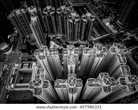 Aerial view of Hong Kong City and building black and white 