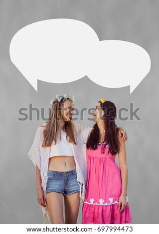 Digital composite of Couple with speech bubble against grey background