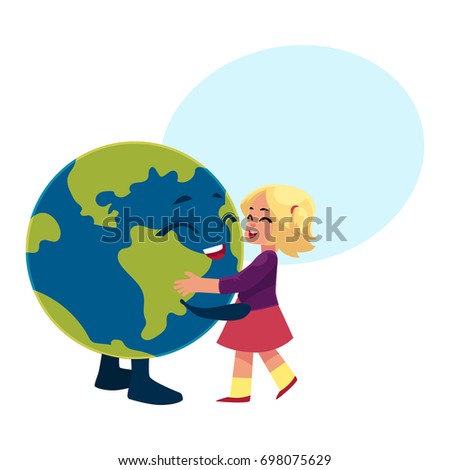 Cute little girl dancing with smiling Globe, Earth planet character, cartoon vector illustration isolated on white background with speech bubble