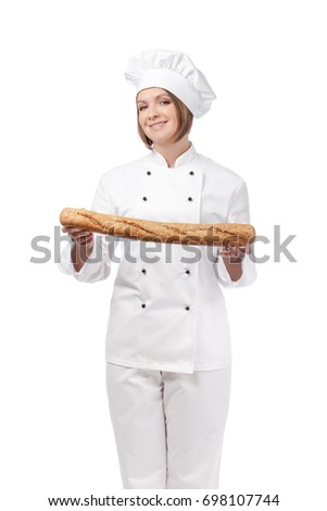 happy female chef isolated on white background