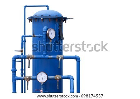 Pressure tank which connect to steel pipes and ball valves is under operation, gauges indicate pressure in its system. It always use in liquid and gas system. Image isolated on white background.