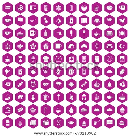 100 tea cup icons set in violet hexagon isolated vector illustration