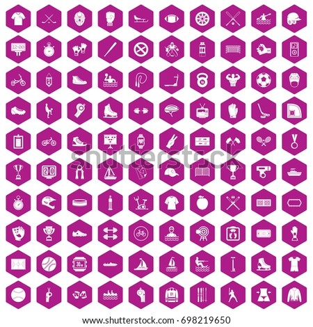 100 sport team icons set in violet hexagon isolated vector illustration