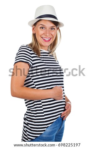Picture of a beautiful young mother in first trimester wearing a casual outfit- posing on isolated background