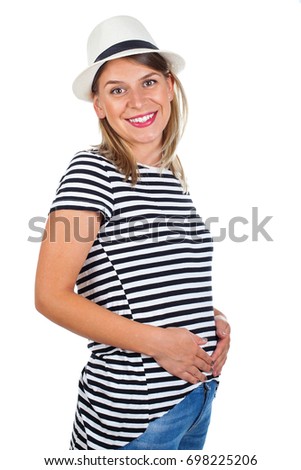 Picture of a beautiful young mother in first trimester wearing a casual outfit- posing on isolated background