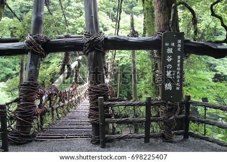 Kazura-bashi bridge at Tokushima in Japan / foreign text translation: Kazura-bashi bridge in Japanese