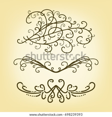 Vector set of pretty border or underline design elements or paragraph text dividers, fancy scrollwork, decorative curls, hand drawn wedding announcement or invitation detail in elegant vintage style