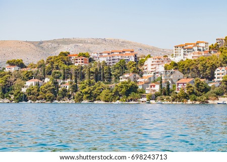 Scenic picture of dalmatian coastline, adriatic seashore near Trogir, Croatia on summertime