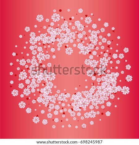 Cherry blossom on red background. Beautiful sakura frame or border of random scatter flowers, dots, hearts and petals.