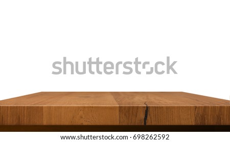 empty wooden table top isolated on white background, used for display or montage your products. Top view mock up, perspective