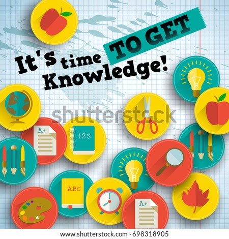Back to school background with flat supplies in circles on light paper sheet vector illustration