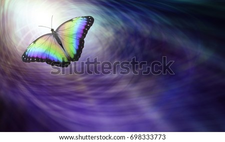 Symbolic Spiritual Release -  Beautiful multicolored butterfly moving into the light depicting a departing soul  Royalty-Free Stock Photo #698333773
