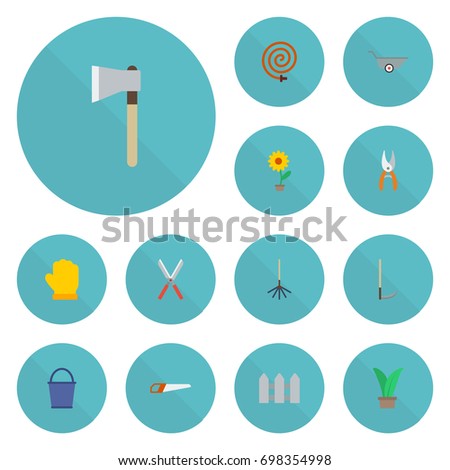 Flat Icons Rake, Wheelbarrow, Cutter And Other Vector Elements. Set Of Gardening Flat Icons Symbols Also Includes Axe, Bucket, Rake Objects.