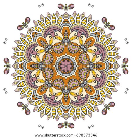 Mandala flower decoration, doodle round ornament, isolated design element on a white background. Vector geometric floral pattern. Tribal ethnic arabic, indian, turkish motif. Colorful abstract art