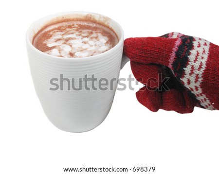 Gloved hand and a mug of hot cocoa