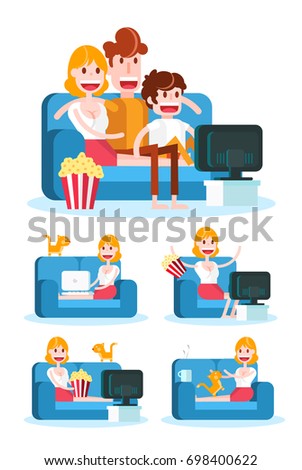 Girl on a Sofa. Staying at Home on White Background . Isolated Flat Vector Illustration