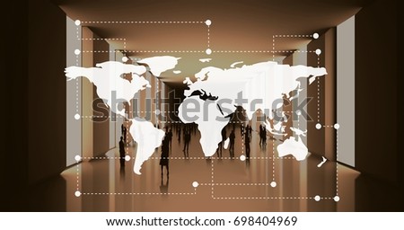 Digital composite of World map against office background