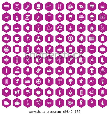 100 vegetables icons set in violet hexagon isolated vector illustration
