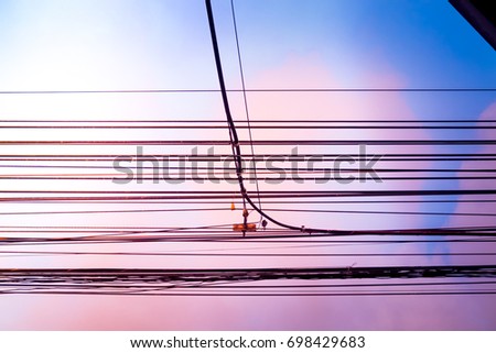 Electrical wires on sky background. Transmission Line cables. Electric wire in the sky backdrop.