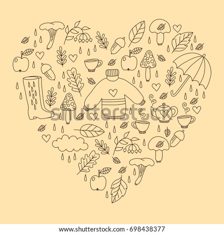 Fall autumn doodle icons vector set heart shape