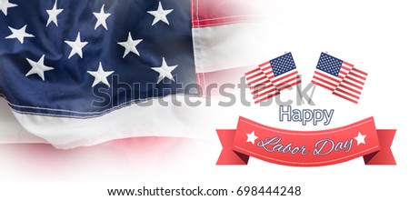 Happy labor day text badge with flags against full frame of wrinkled american flag