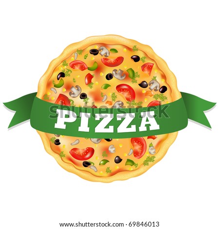 Pizza With Green Tape, Isolated On White Background, Vector Illustration
