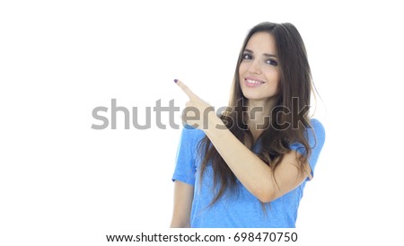 Beautiful Woman Pointing Showing Aside , White Background