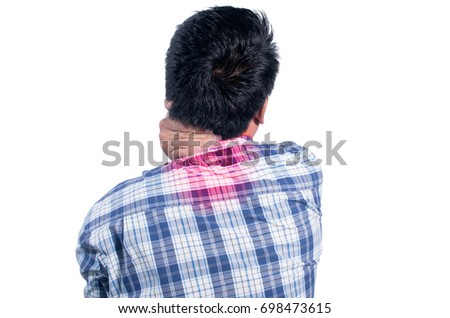 young man holding her back in pain. photo with red as a symbol for the hardening. isolated on white background.