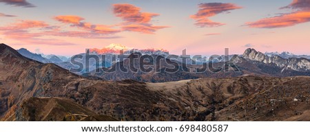 Impressive morning panorama from the top of Giau pass. Colorful autumn sunrise of Dolomite Alps, Cortina d'Ampezzo location, Italy, Europe. Beauty of nature concept background.