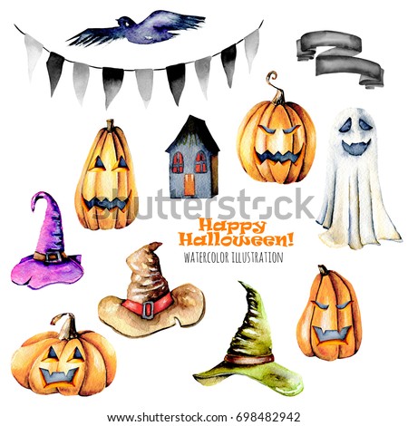Set of watercolor Halloween objects  (pumpkins and old hats, spooks, black bird and other), hand painted isolated on a white background