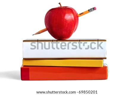 Pile of books, pencil, and an apple representing education or school.
