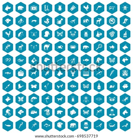 100 animals icons set in sapphirine hexagon isolated vector illustration