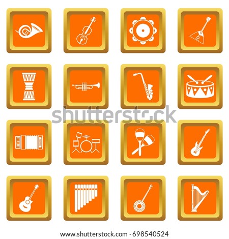 Musical instruments icons set in orange color isolated vector illustration for web and any design
